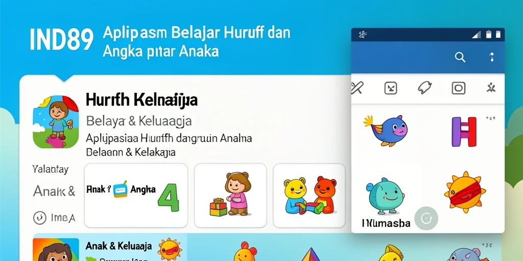 Antarmuka aplikasi IND89 yang ceria dan edukatif untuk belajar huruf dan angka.